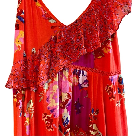 Maeve Grecia Ruffle Midi Dress Sz 0 Red Floral Asymmetrical Flowy Strappy Dress - Picture 6 of 14